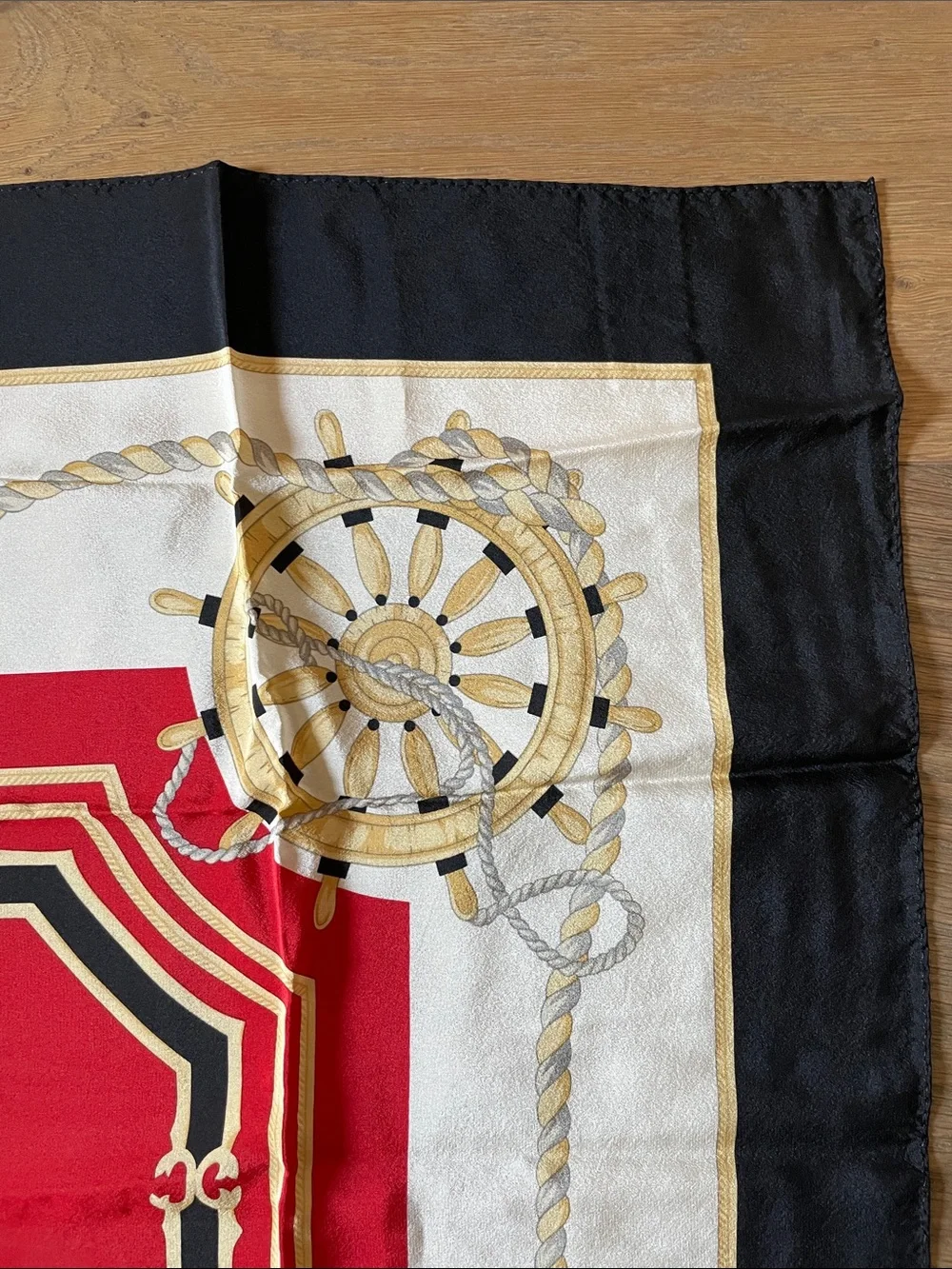 Vintage Liz Clabourne Nautical 100% Silk Scarf - Red Gold Black Stripe Square